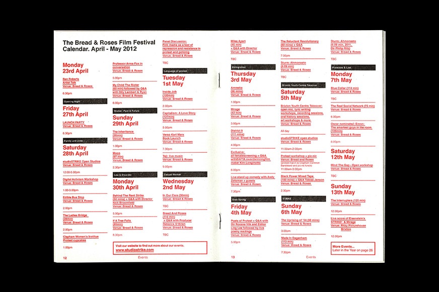 The listings spread from the Bread & Roses Film Festival programme