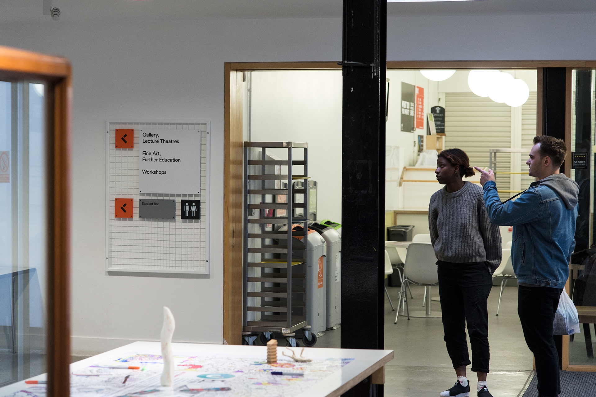 Students looking at the way-finding signage
