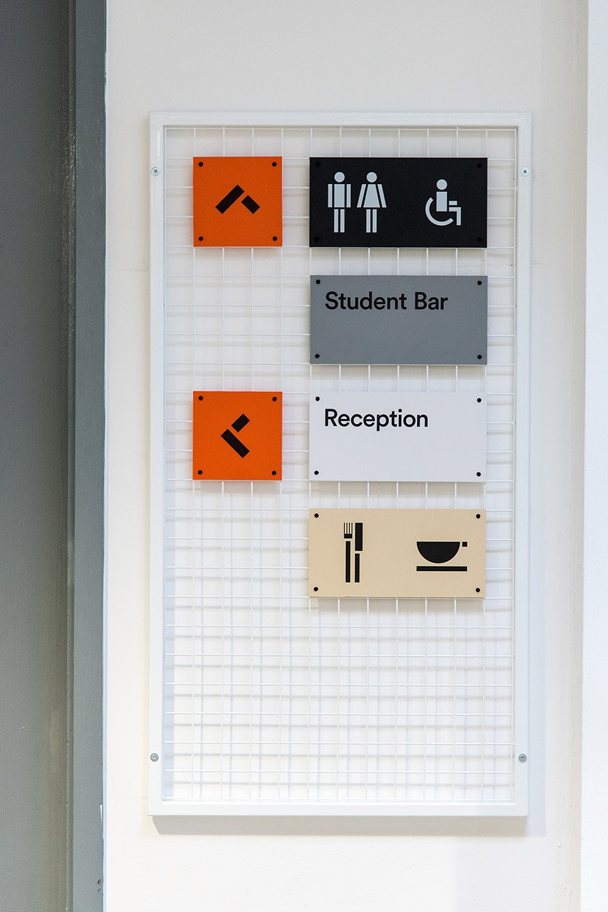 Way-finding signage frame at UCA Canterbury.