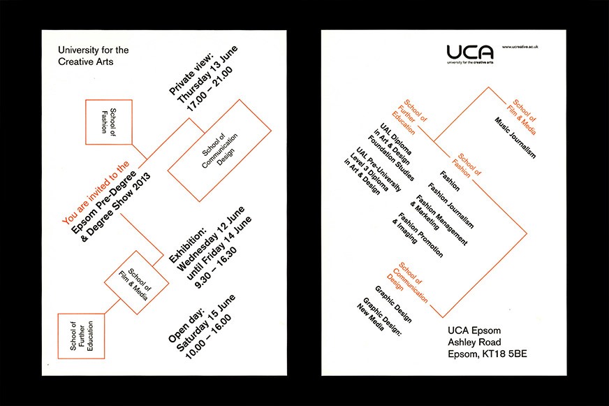Front & reverse of UCA Epsom's Show invites with orange line graphics