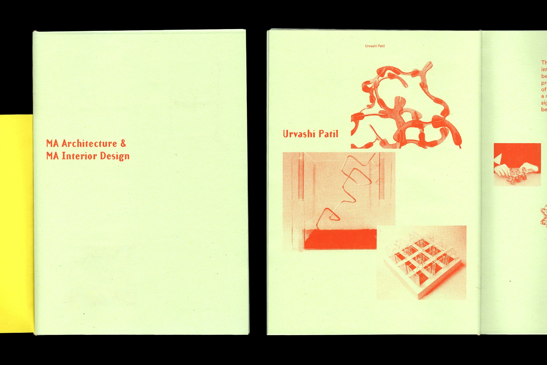 Orange risograph print on green paper. UCA Canterbury exhibition catalogue.