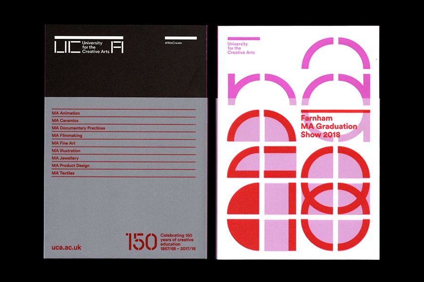 Cover design of the MA Show catalogue at UCA Farnham showing dust jacket and bespoke typographic elements.