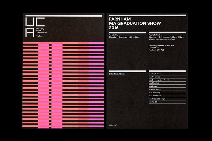 UCA Farnham MA Show invite with Pantone 805 and Pantone 806