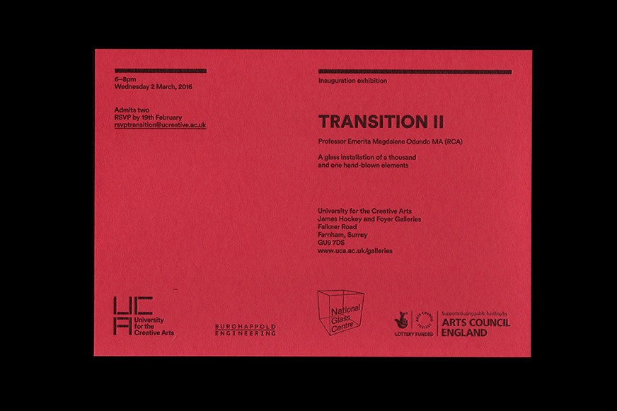 Magdalene Odundo's invite. Reverse view with letterpress on duplex Colorplan Vermillion paper stock.
