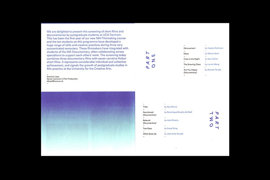 Inner fold out of printed programme showing gradient colour and schedule for the screening night.