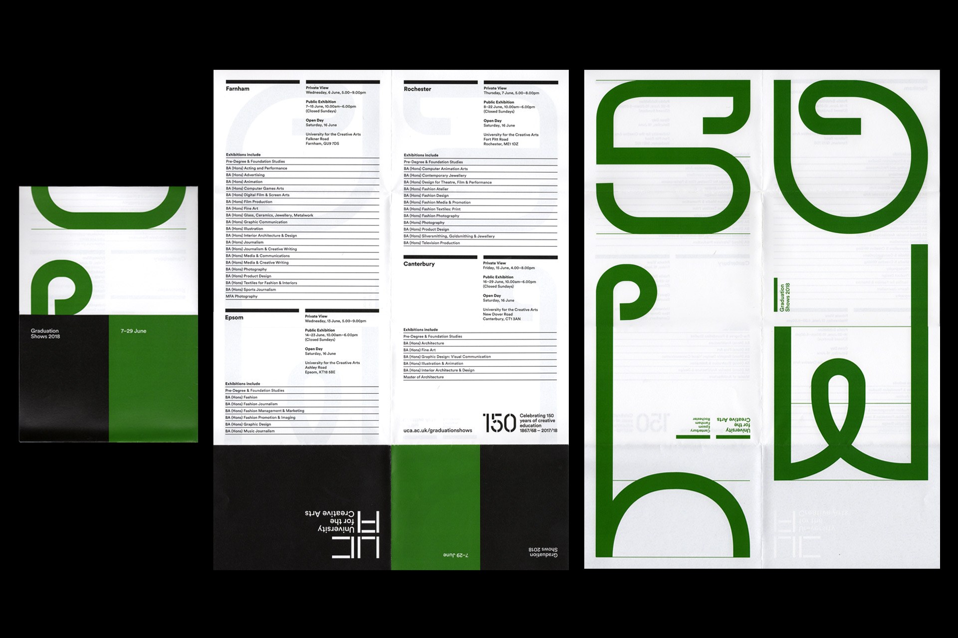 Fold out poster with listings of the summer degree show exhibitions at UCA.