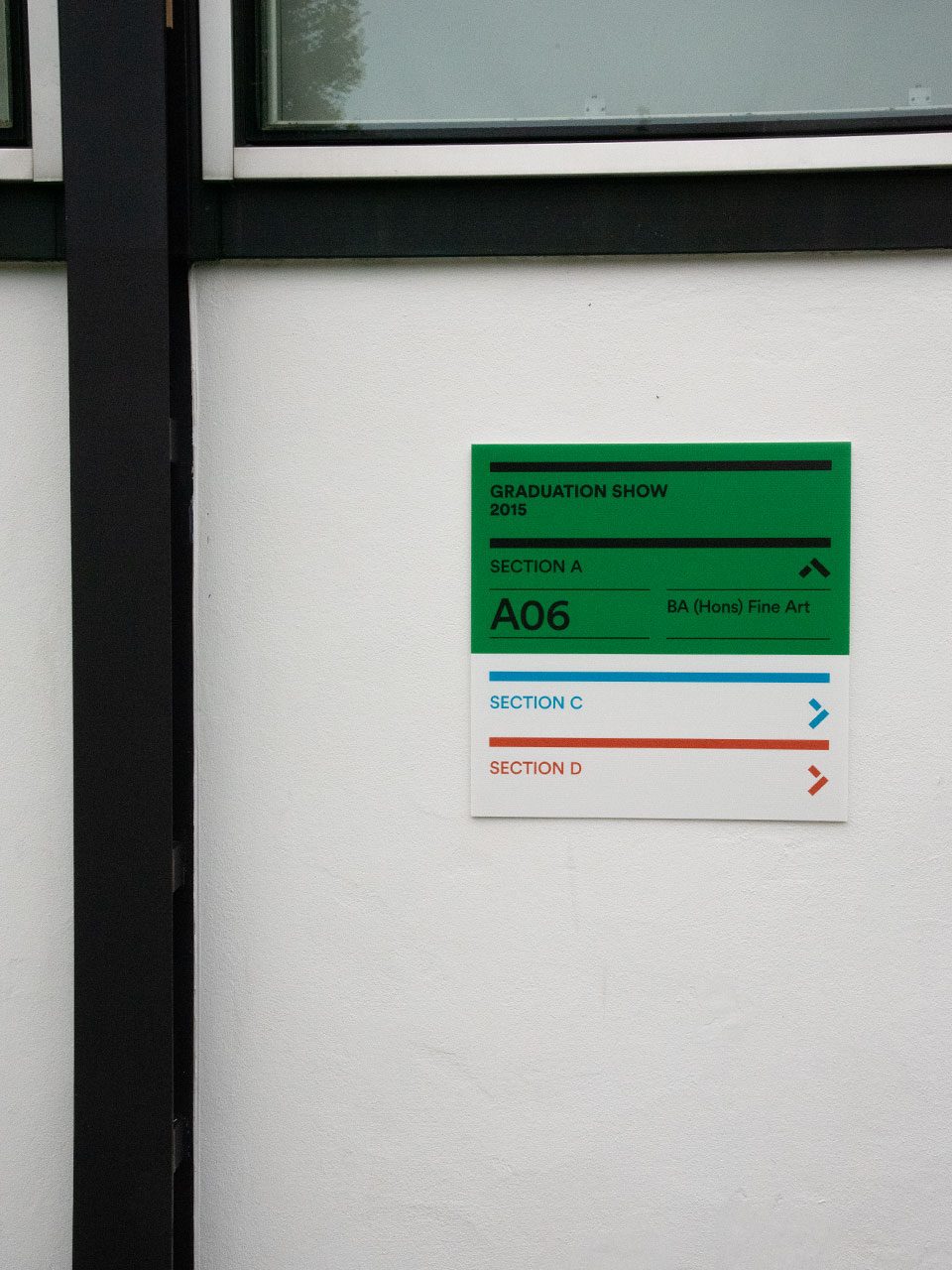 Colour coded way-finding signage for the degree show at the UCA Canterbury campus