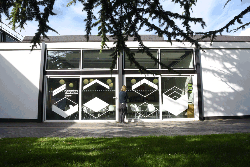 Large scale window graphic for UCA Canterbury with graphics used during the degree show.
