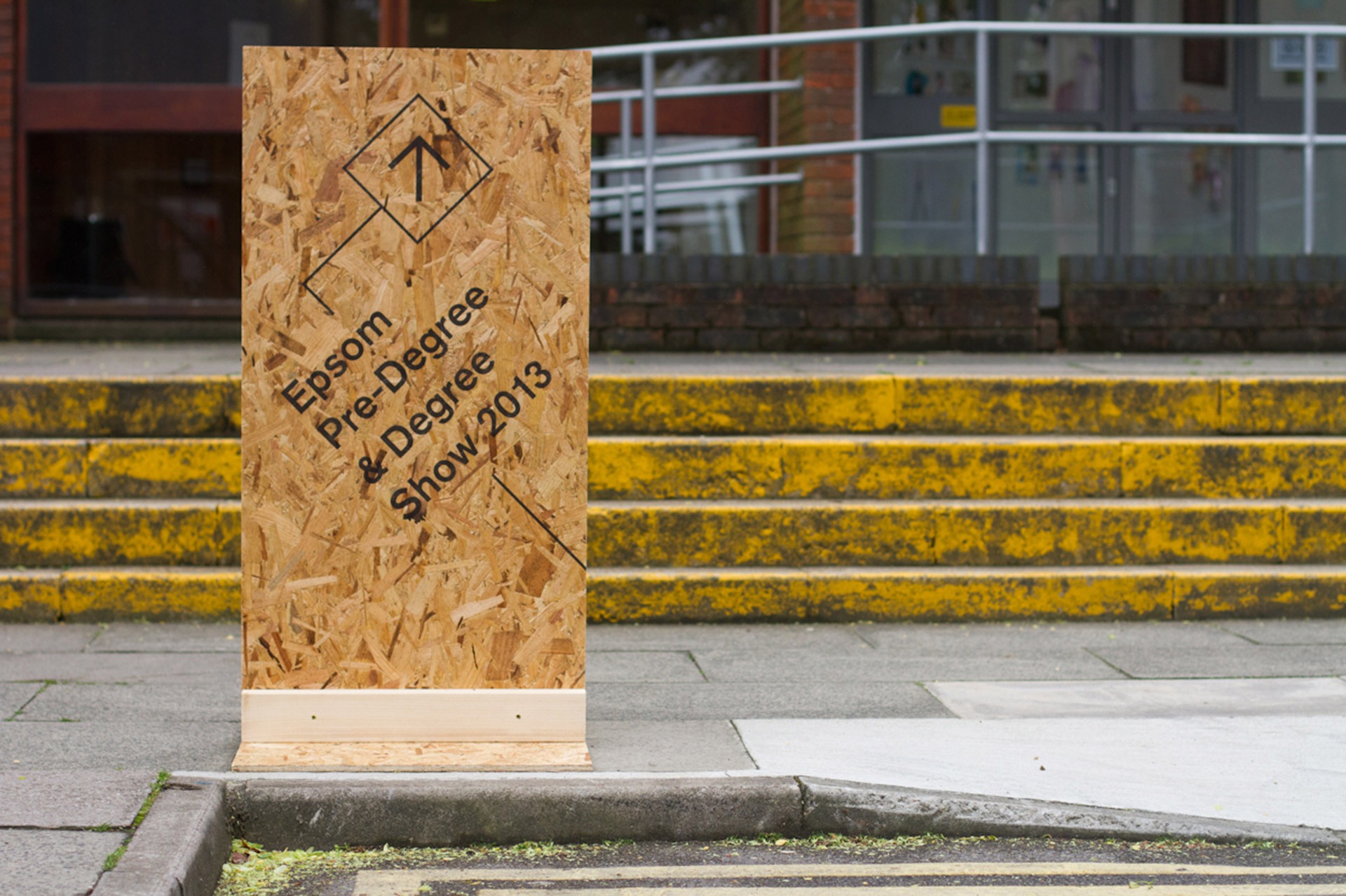 Direct print on OSB directional signage for Epsom's Degree Show 2013