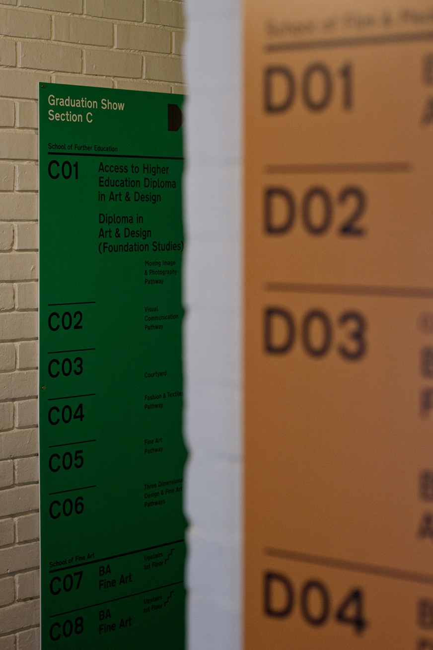 Way-finding signage pieces on the Farnham campus during the degree show 2014.