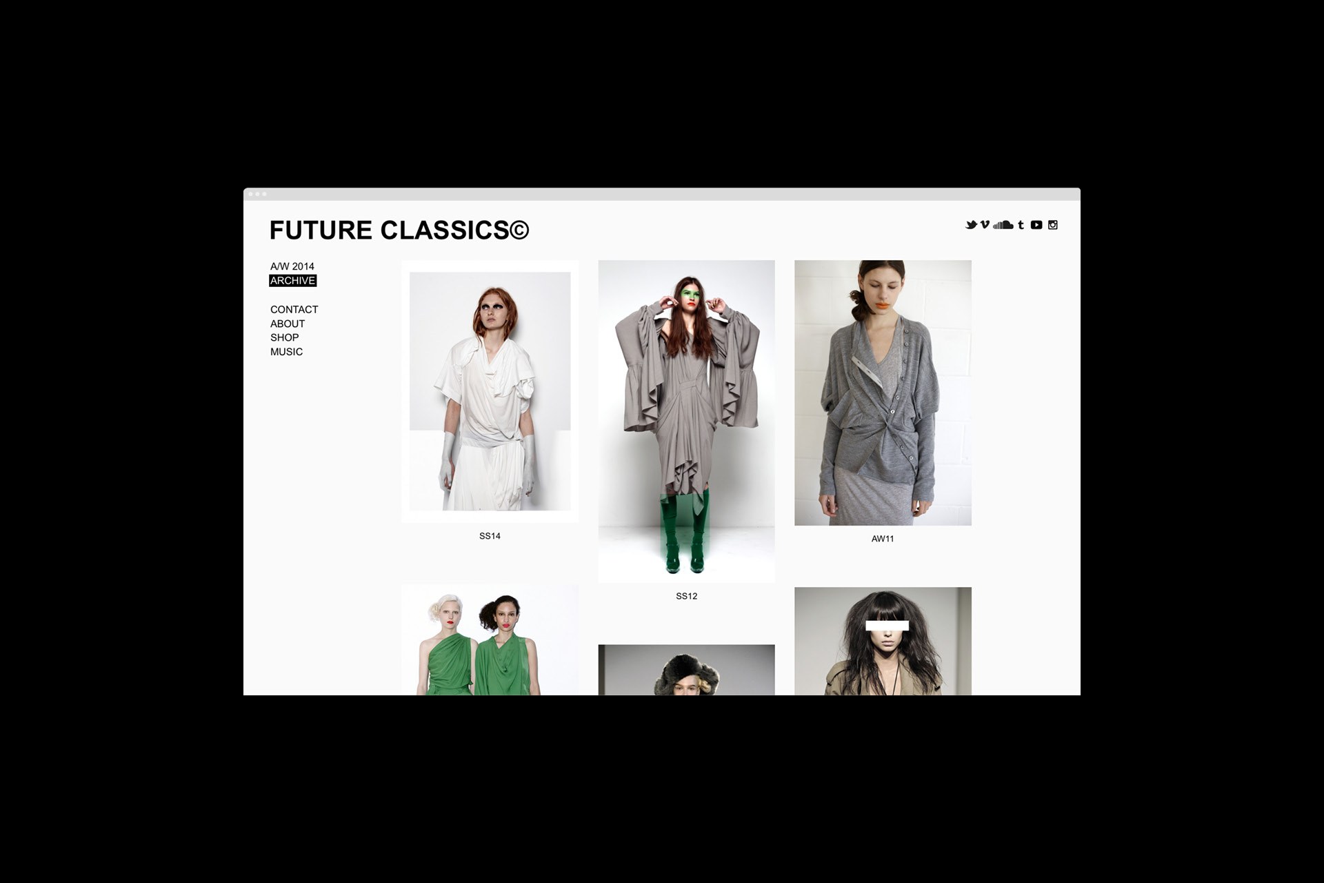 The Future Classics website shows a grid of images of the clothes they design
