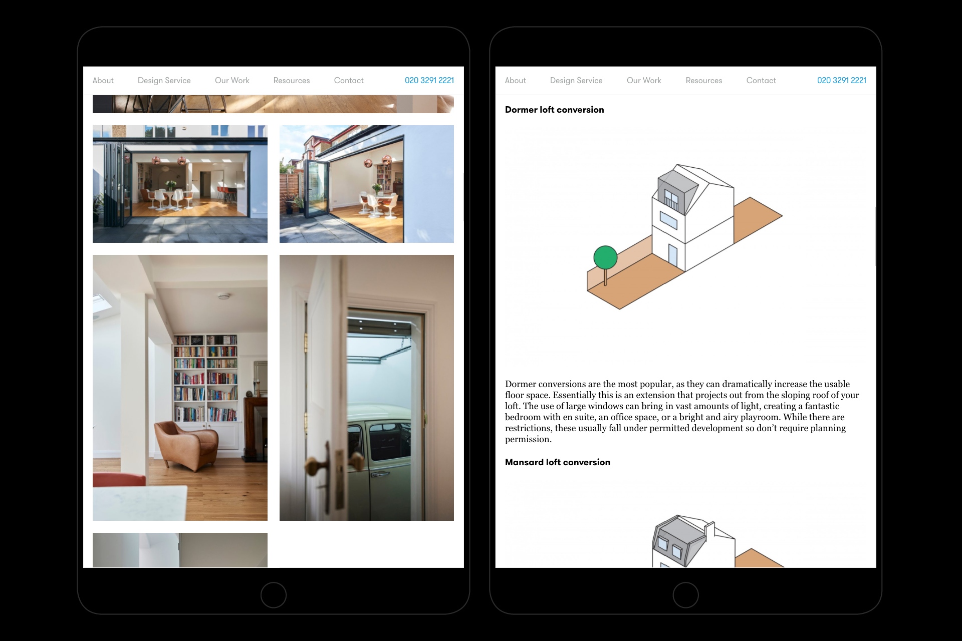 Website versions for tablet showing illustrations of different types of loft conversions.