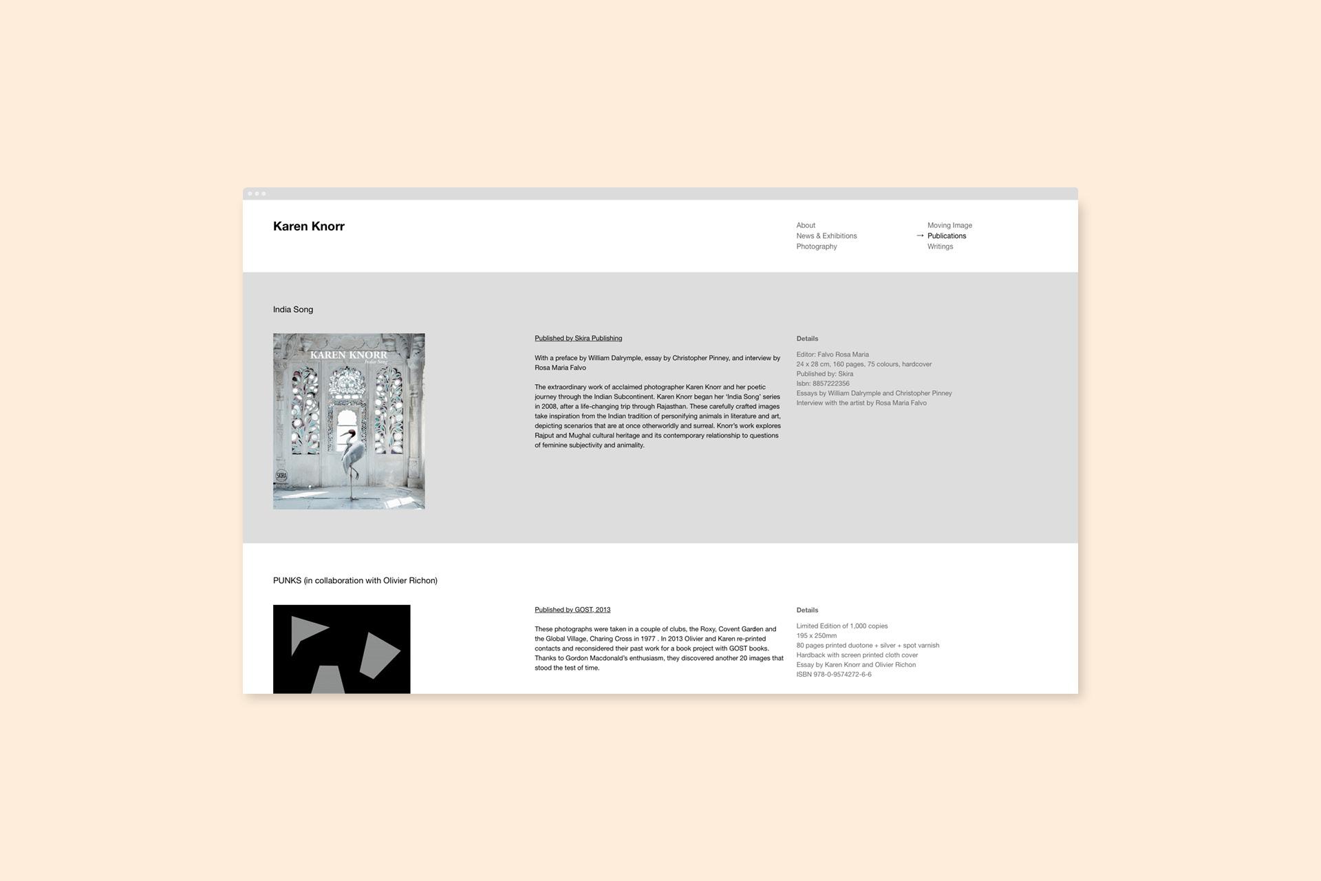 A screenshot of the publications page of Karen Knorr's website