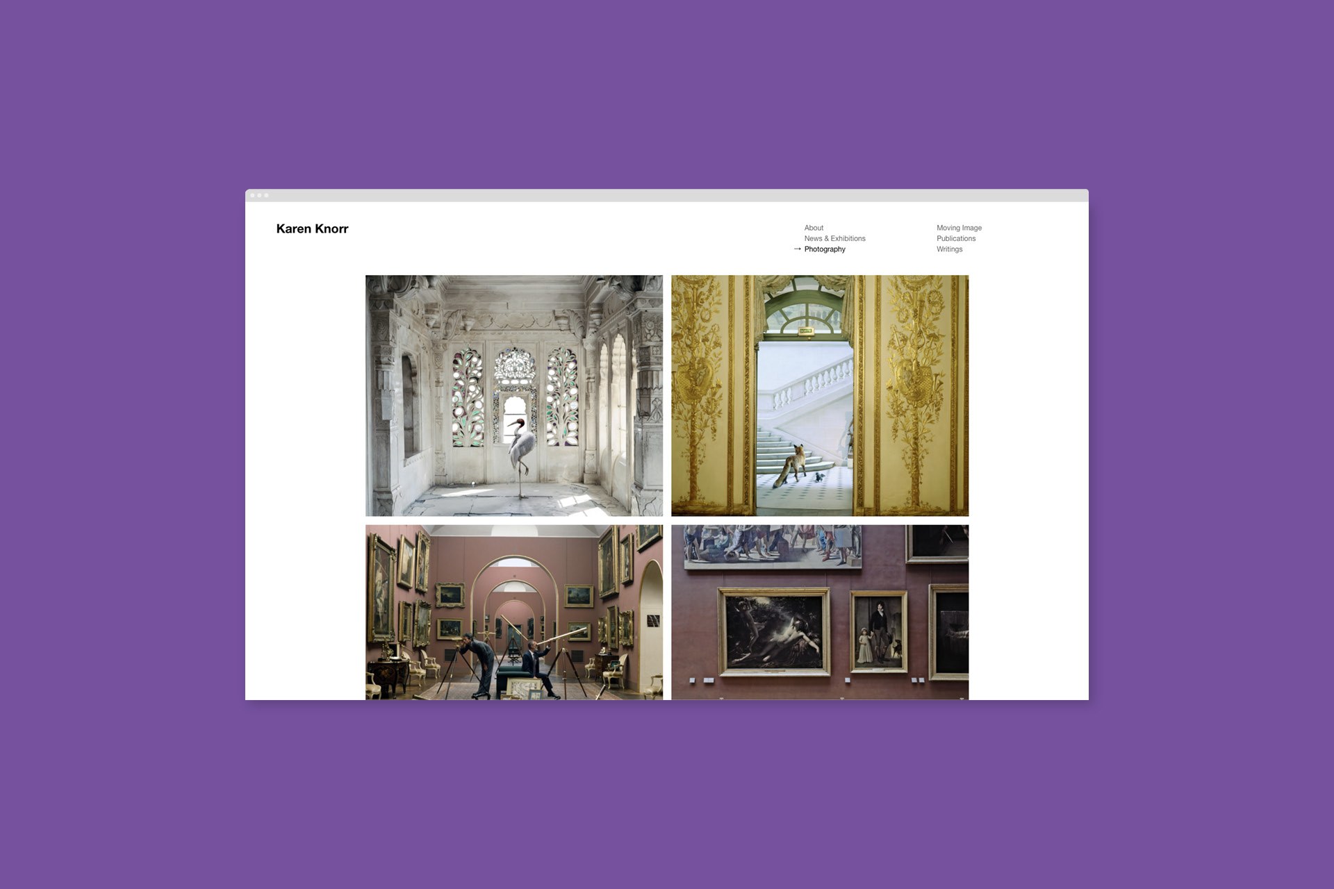 Karen Knorr's website on a purple background