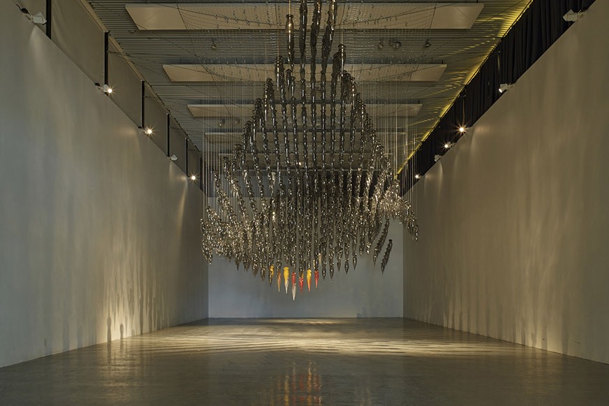 View of the Transition II installation with 1000 blown glass pieces for the Odundo Exhibition at the James Hockey Gallery Farnham