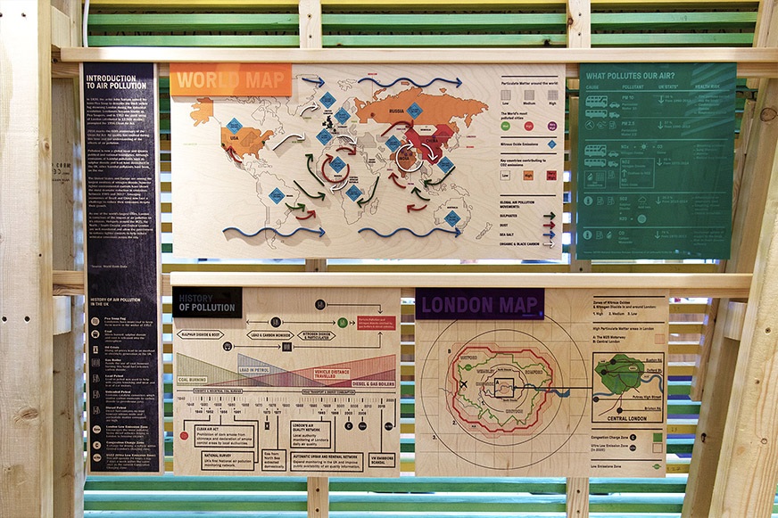 Direct print infographics panels with laser cut elements.