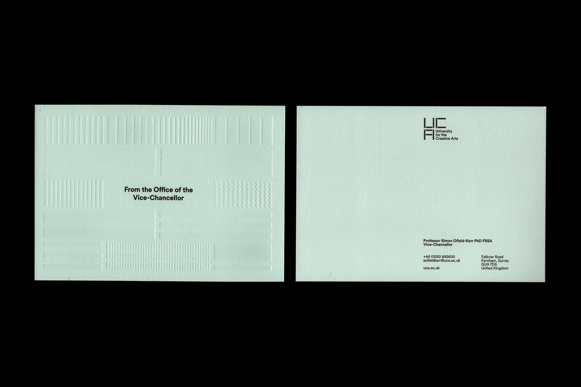 Front and back view of the UCA correspondence cards.