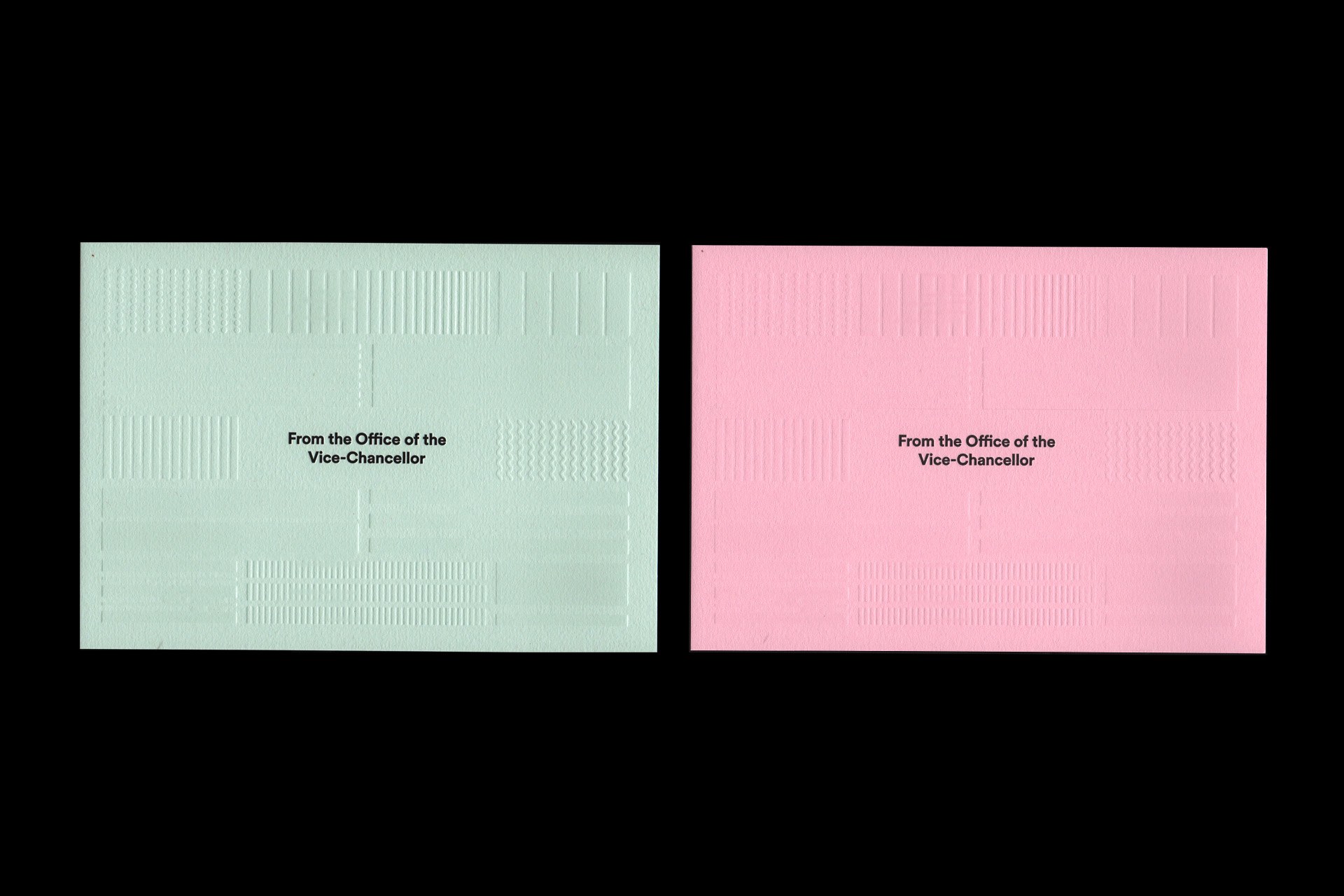 Debossed and letterpress correspondence cards on GF Smith Colorplan Powder Green and Candy Pink