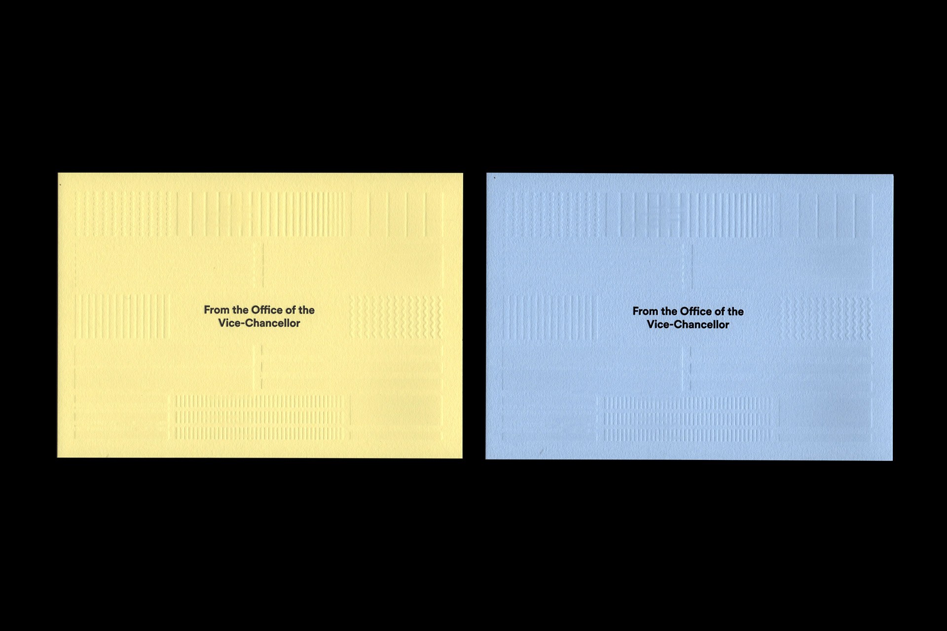 Two variants of the debossed correspondence cards on Colorplan Sorbet Yellow and Azure Blue
